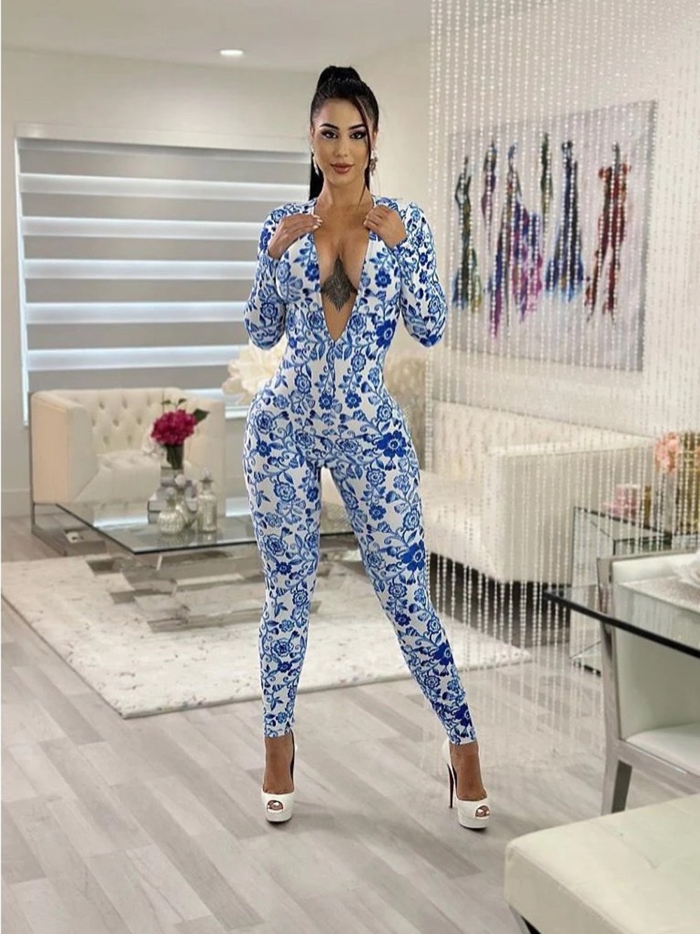 Blue Floral Print Long-Sleeve Jumpsuit